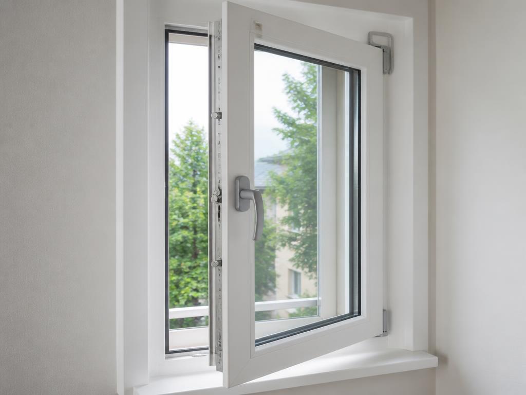 Geöffnetes Dreh-Kipp-Kunststofffenster mit Mehrfachverriegelung und Fenstergriff